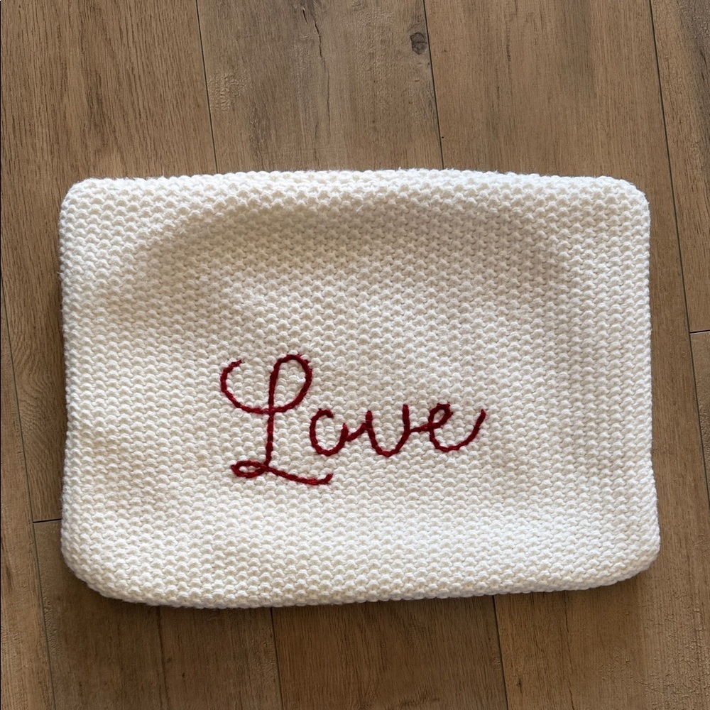 Pottery Barn White Knitted Pillow Cover with Red 'Love' Embroidery 20" X 15"